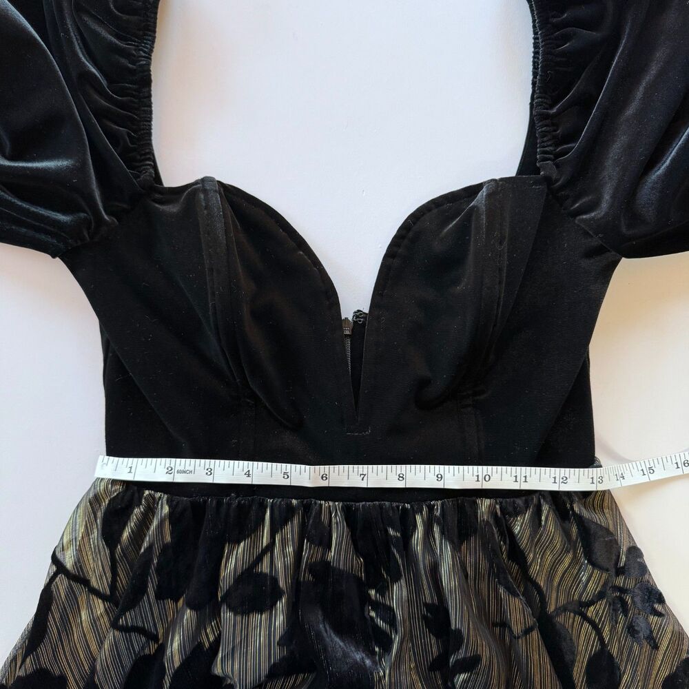 Ashley Park x RTR Encore Velvet Puff Sleeve Sweetheart Black & Gold Mini Dress 8 - Picture 15 of 16